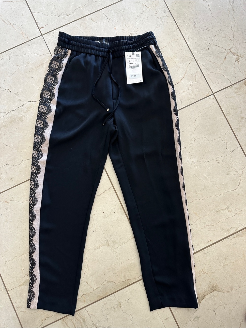 Zara Navy Joggers with Pink Side Panels & Black Lace Trim